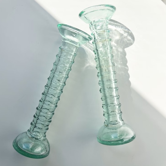 Set of 2 Vintage La Mediterranea Recycled Green Glass Vases/Candlesticks 10” - Picture 1 of 7